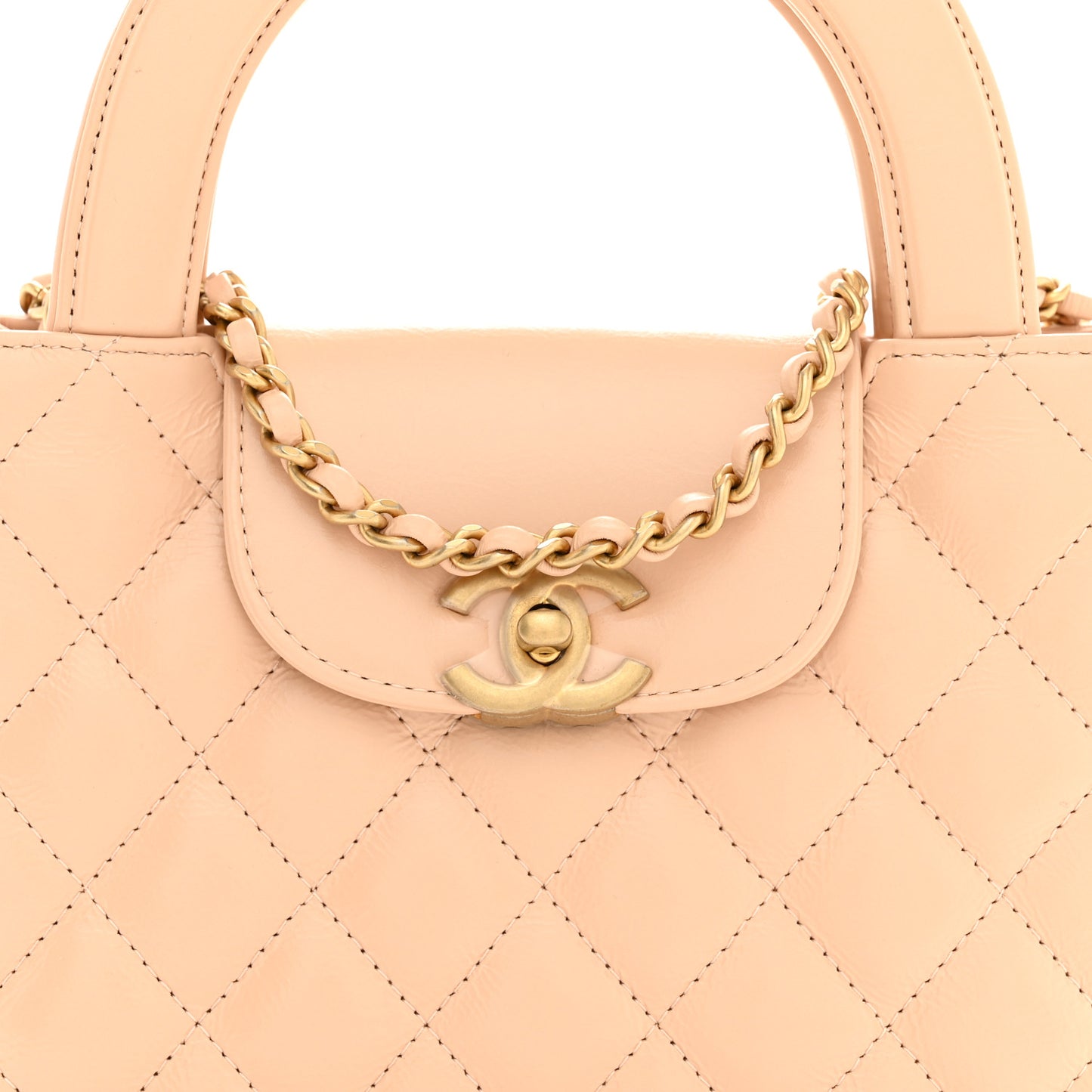 Shiny Aged Calfskin Quilted Nano Kelly Shopper Beige