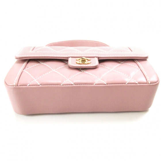 Leather Quilted Flap Handbag Pink