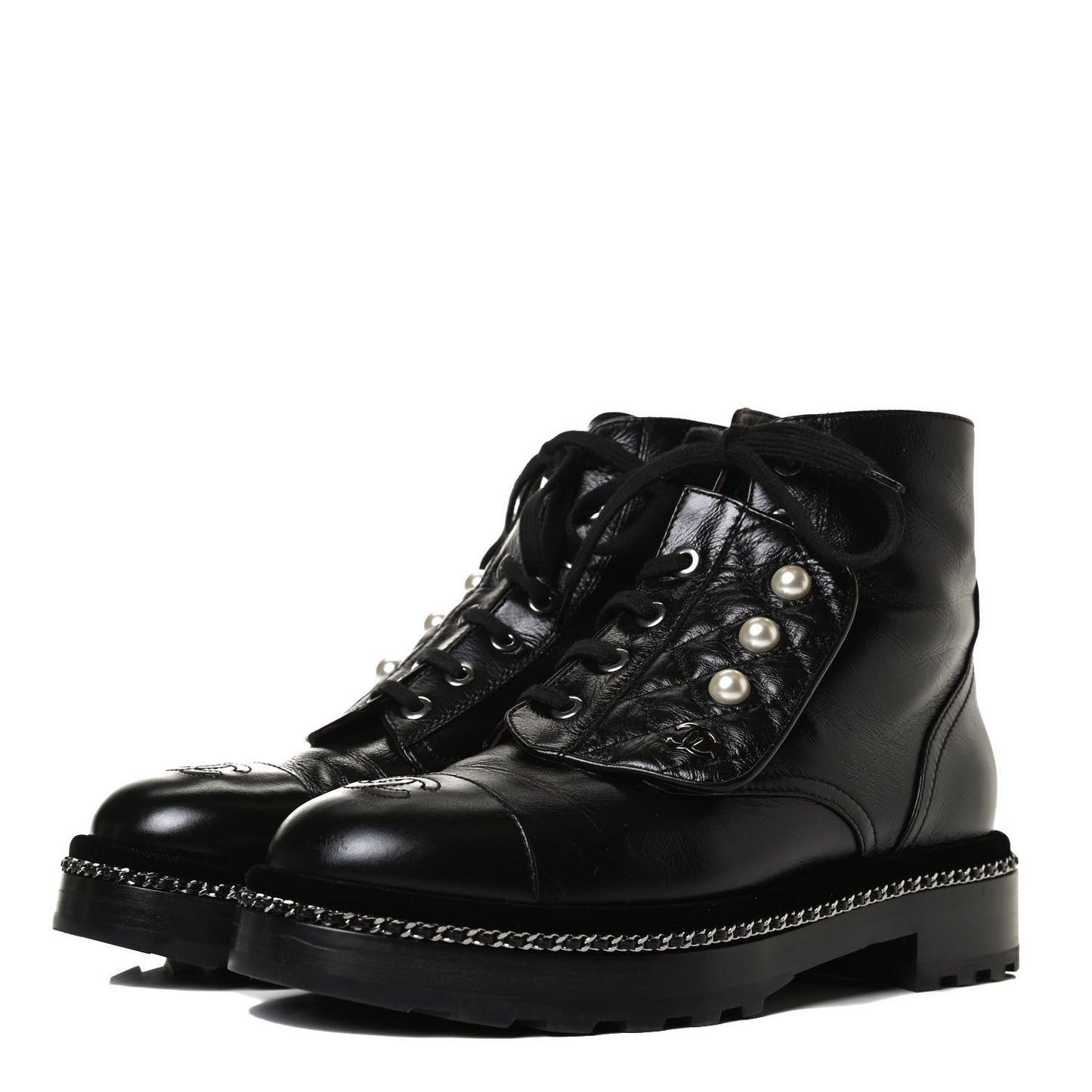 Crackled Calfskin Velvet Pearl Combat Short Boots 37.5 Black