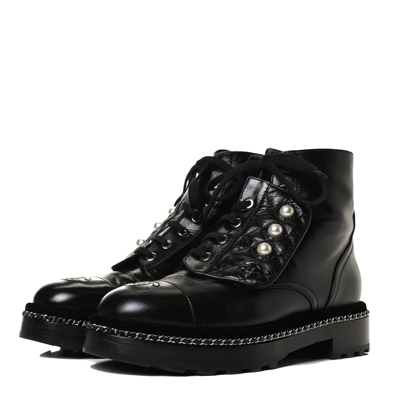 Chanel Crackled Calfskin Velvet Pearl Combat Short Boots 37.5 Black 3 of 15