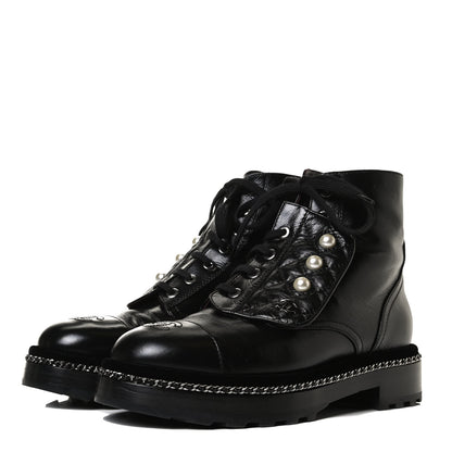 Chanel Crackled Calfskin Velvet Pearl Combat Short Boots 37.5 Black 3 of 15