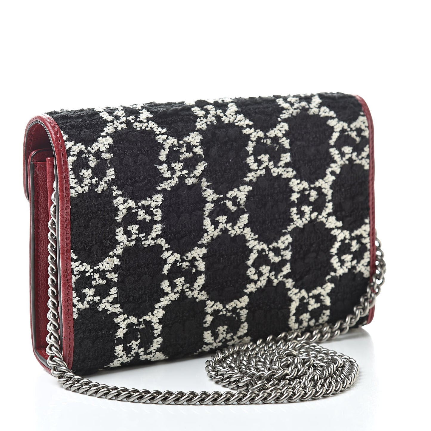Tweed GG Monogram Mini Dionysus Chain Wallet Black White Romantic Cherry