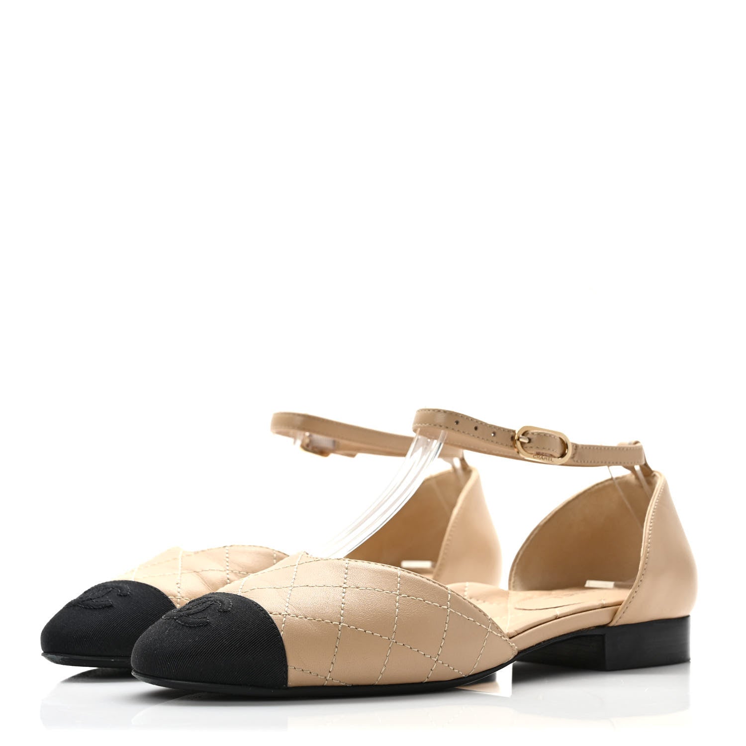 Chanel Lambskin Grosgrain Cap Toe CC Ankle Strap Sandals 36 Beige Black 3 of 10