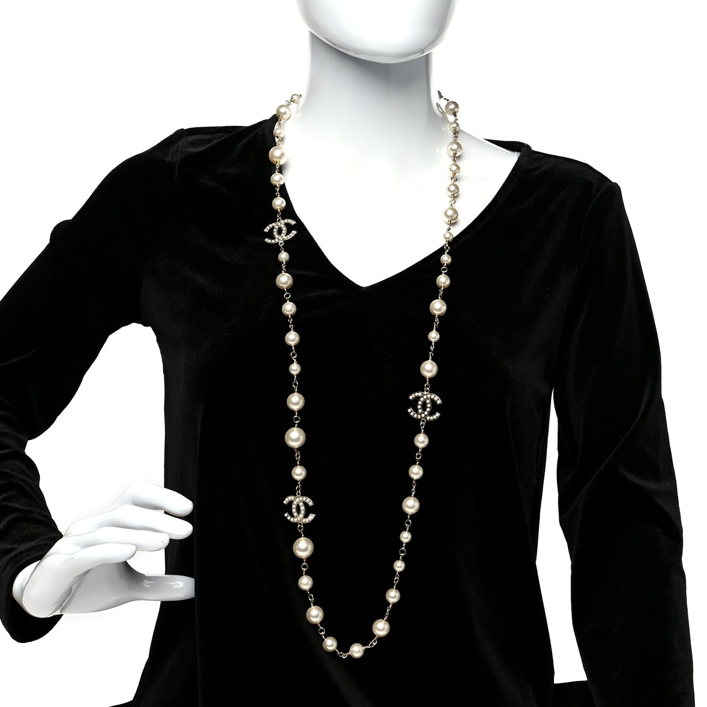 Crystal Pearl CC Long Necklace Gold
