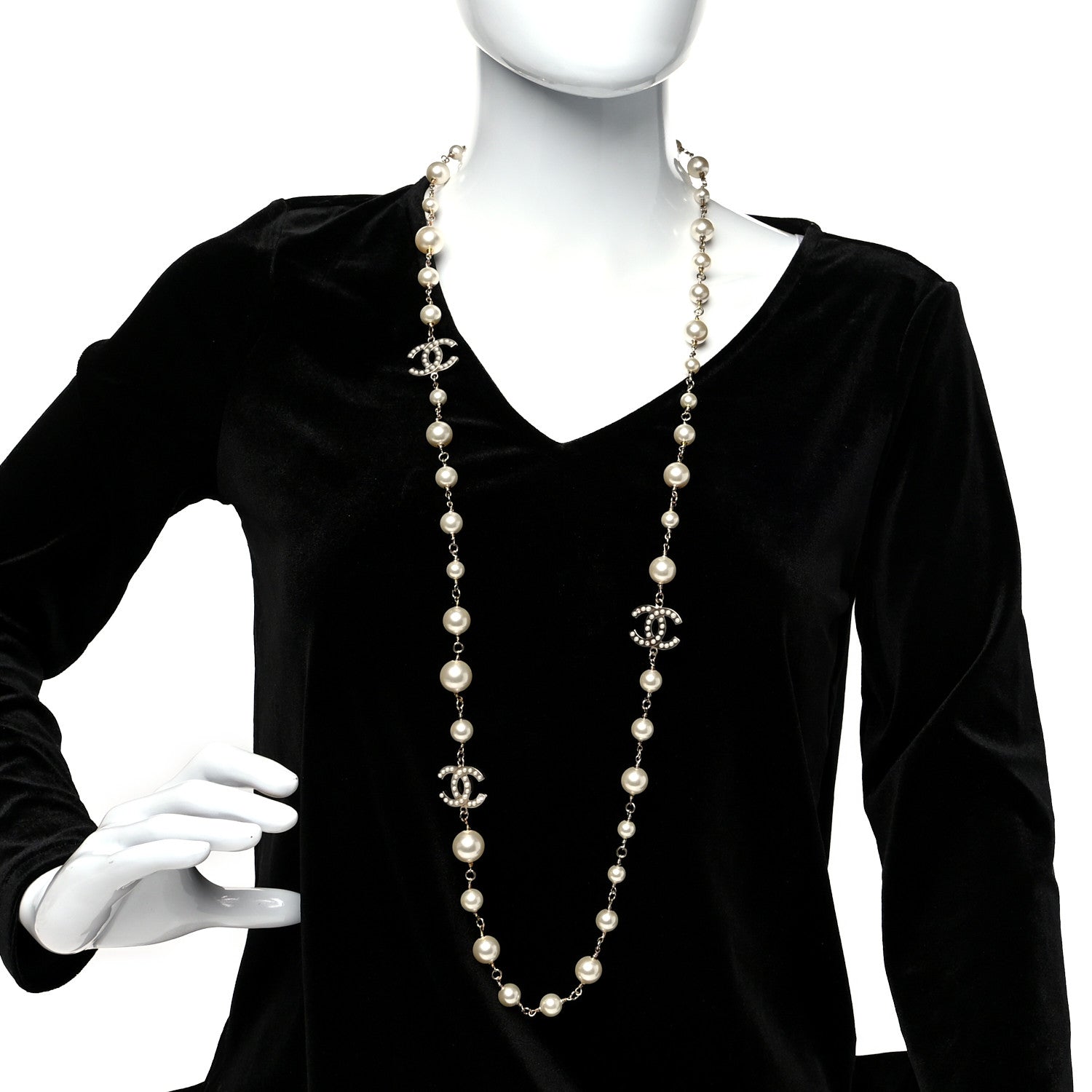 Chanel Crystal Pearl CC Long Necklace Gold 2 of 5