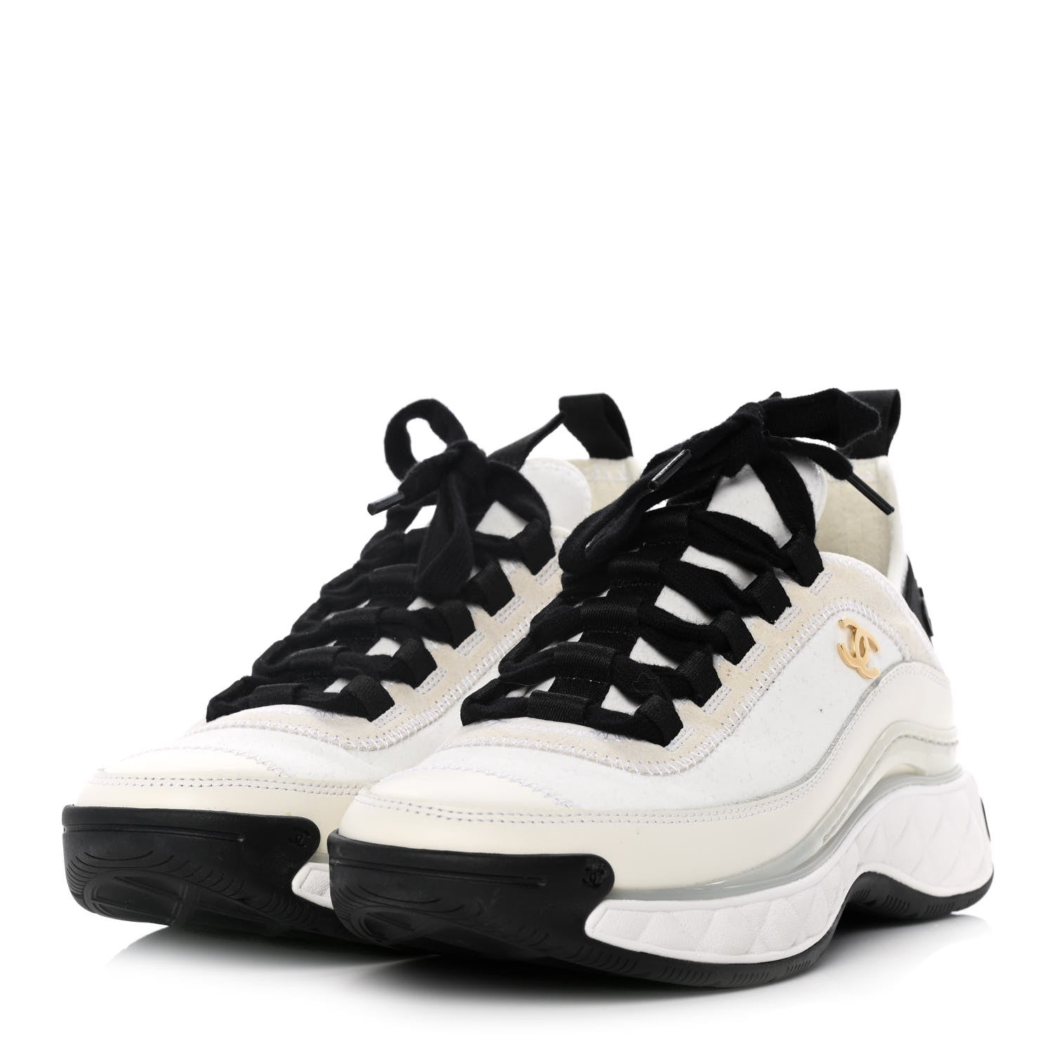 Chanel Fabric Calfskin Suede CC Sneakers 36 Ivory Black 3 of 8