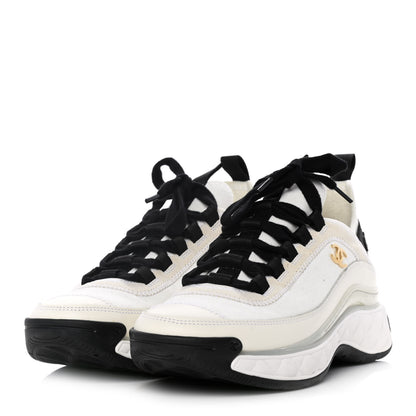 Chanel Fabric Calfskin Suede CC Sneakers 36 Ivory Black 3 of 8
