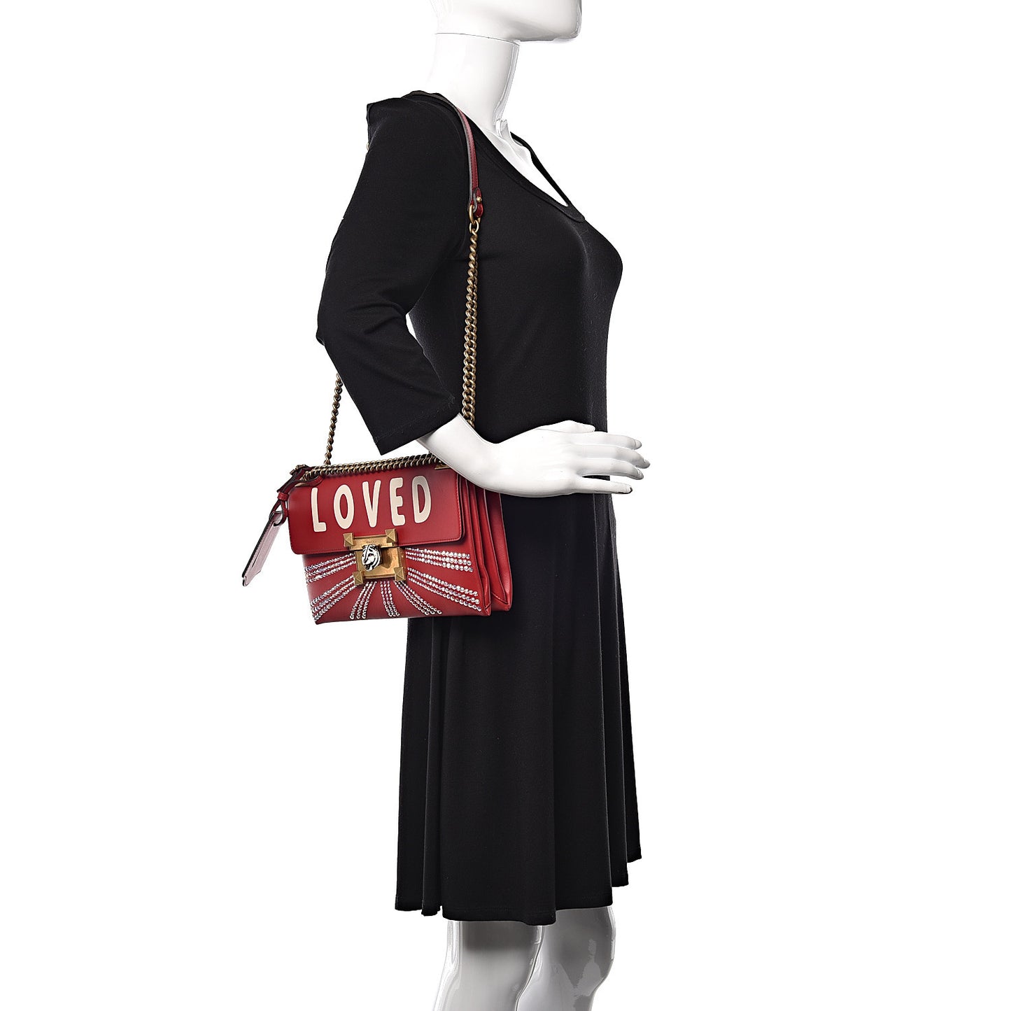 Calfskin Crystal Embellished Loved Shoulder Bag Red