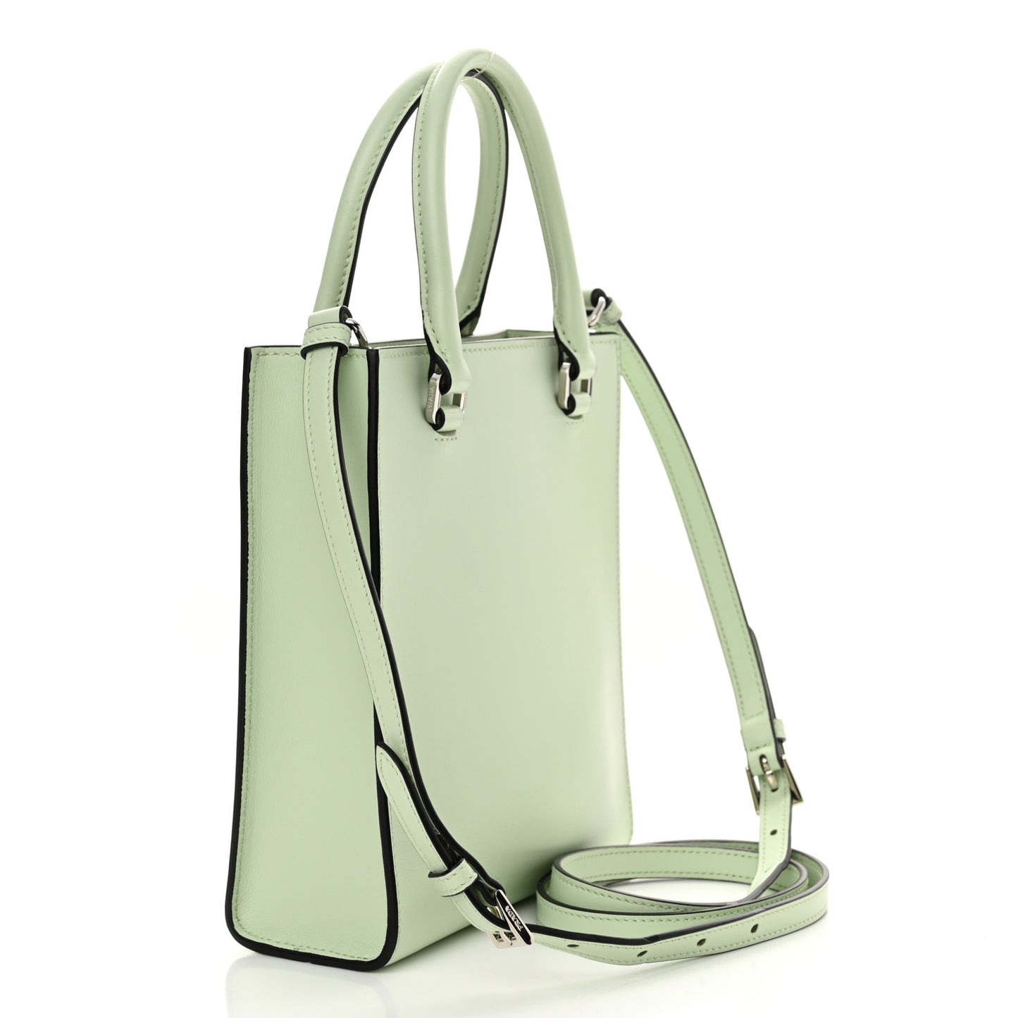 Soft Calfskin Triangle Logo Embossed Small Double Handle Crossbody Tote Acquamarina