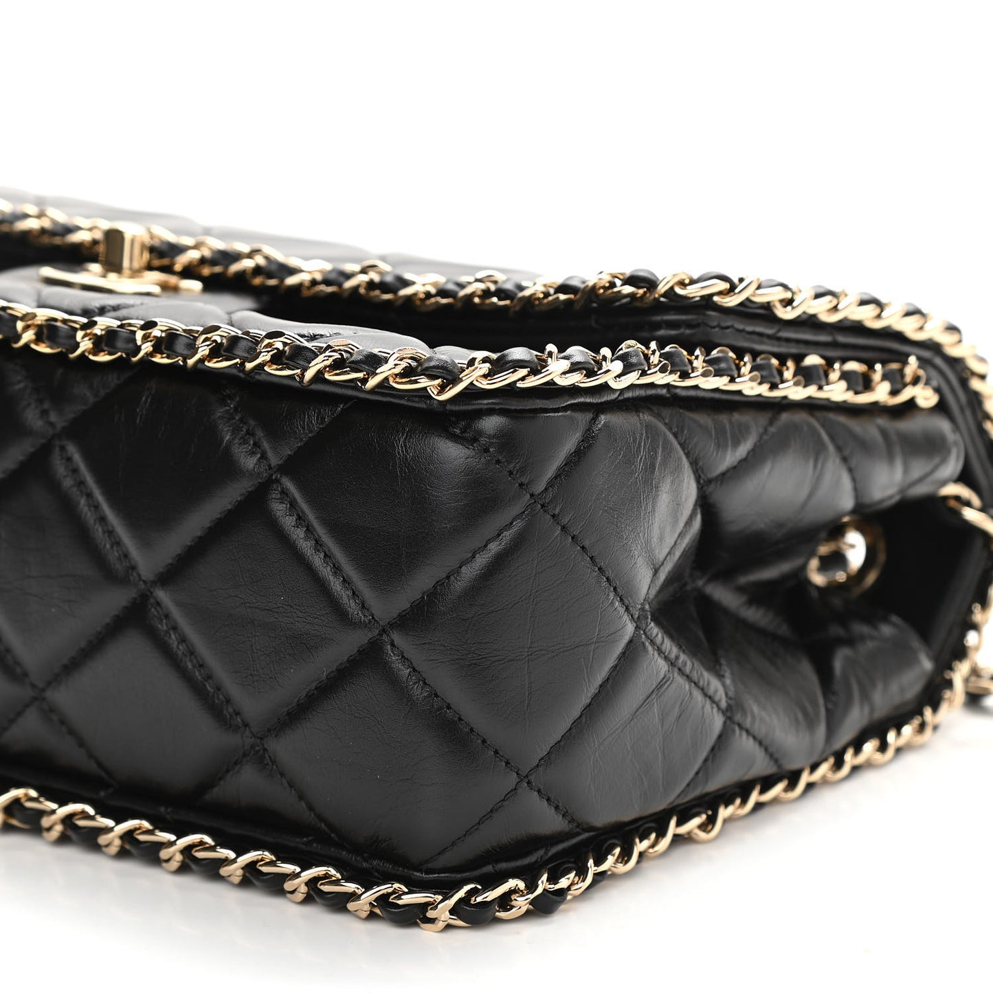 Crumpled Calfskin Medium Chain All Over Flap Black