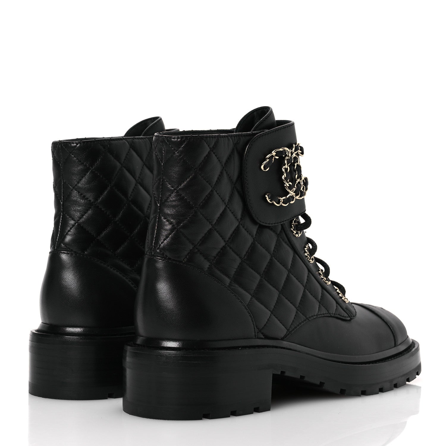 Chanel Shiny Lambskin Quilted Lace Up Combat Boots 38.5 Black 5 of 11