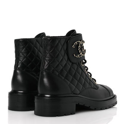 Chanel Shiny Lambskin Quilted Lace Up Combat Boots 38.5 Black 5 of 11