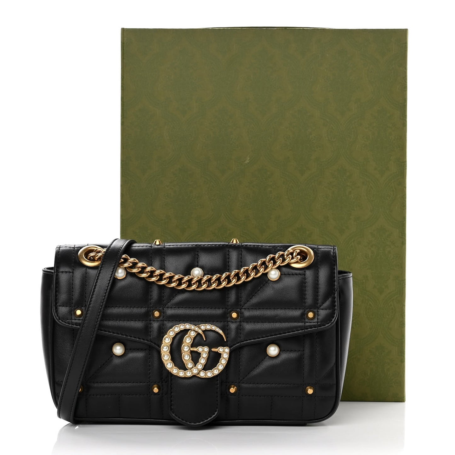 Calfskin Matelasse Studded Small Pearly GG Marmont Shoulder Bag Black