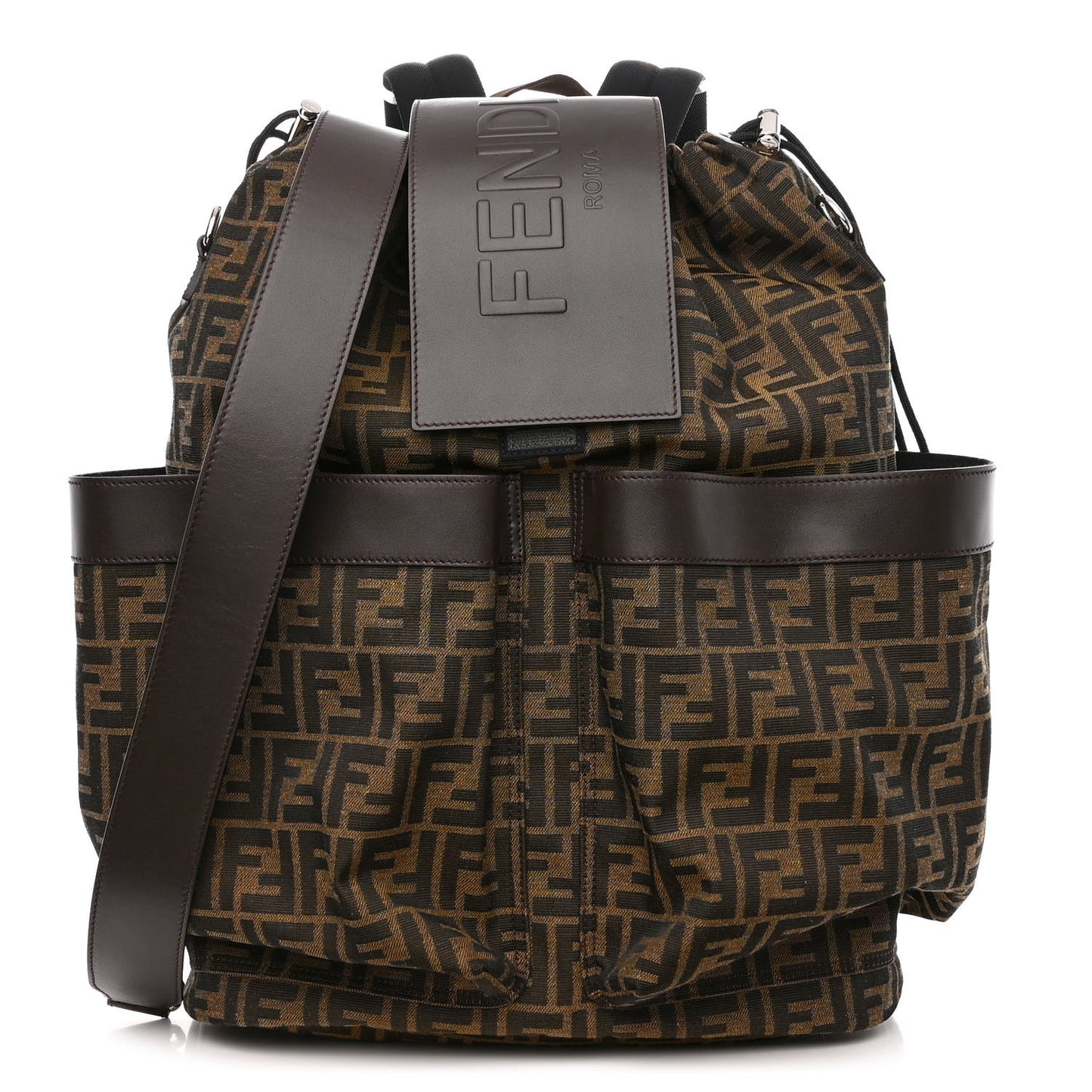 Recycled Fabric Jacquard Vitello Astro FF 1974 Large Fendi Strike Backpack Tobacco Moro Ebano