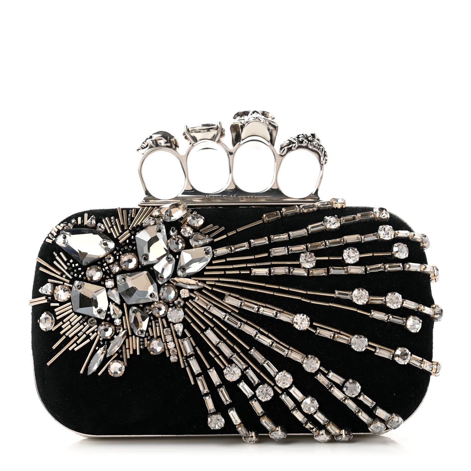 Alexander McQueen Velvet Crystal Skull Knuckle Chain Box Clutch Black 1 of 7