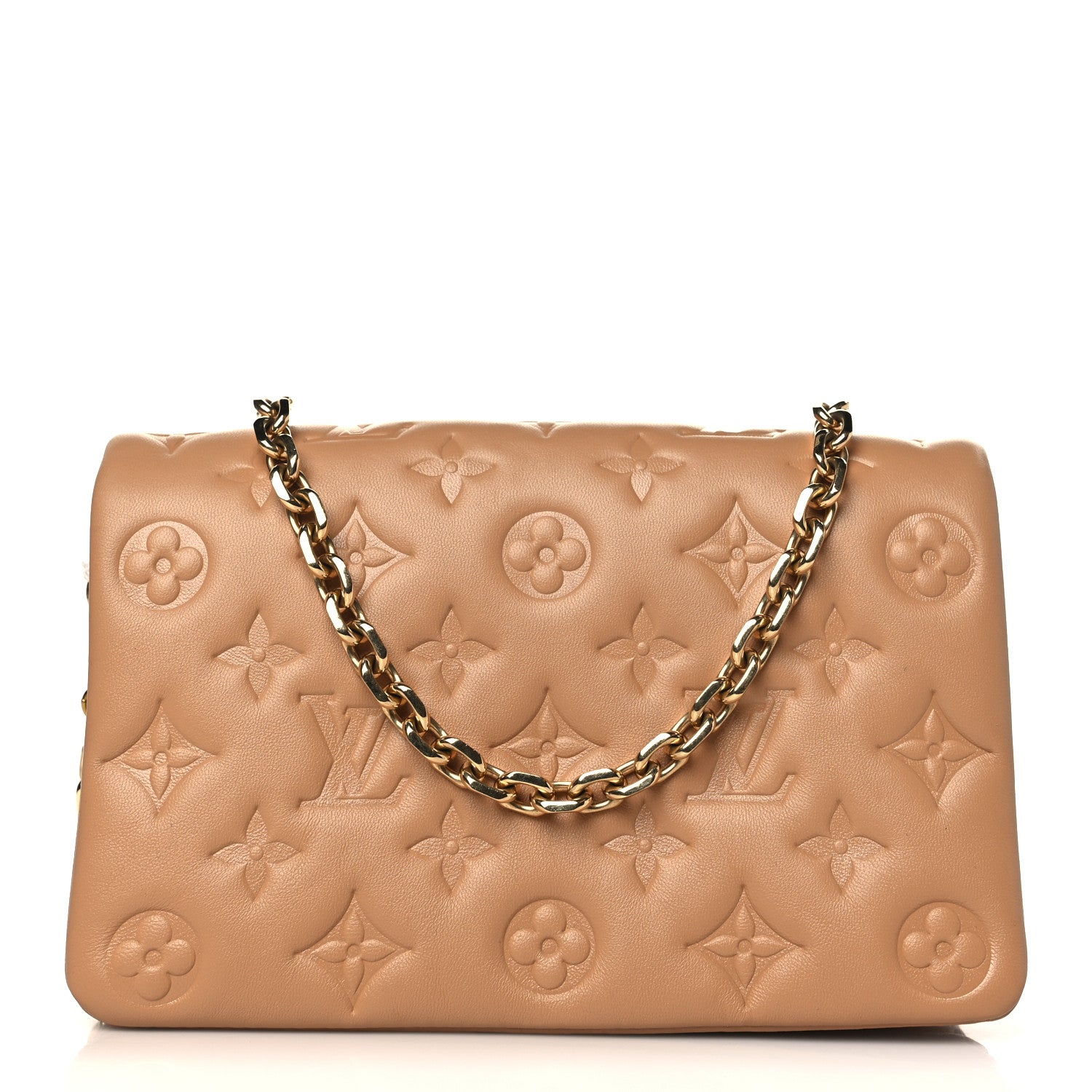 product image of LOUIS VUITTON Lambskin Embossed Monogram Pochette Coussin Camel FASHIONPHILE