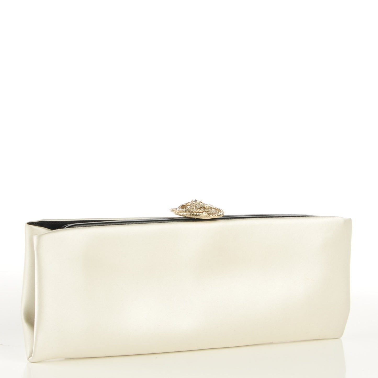 Satin Crystal Camellia Evening Clutch White