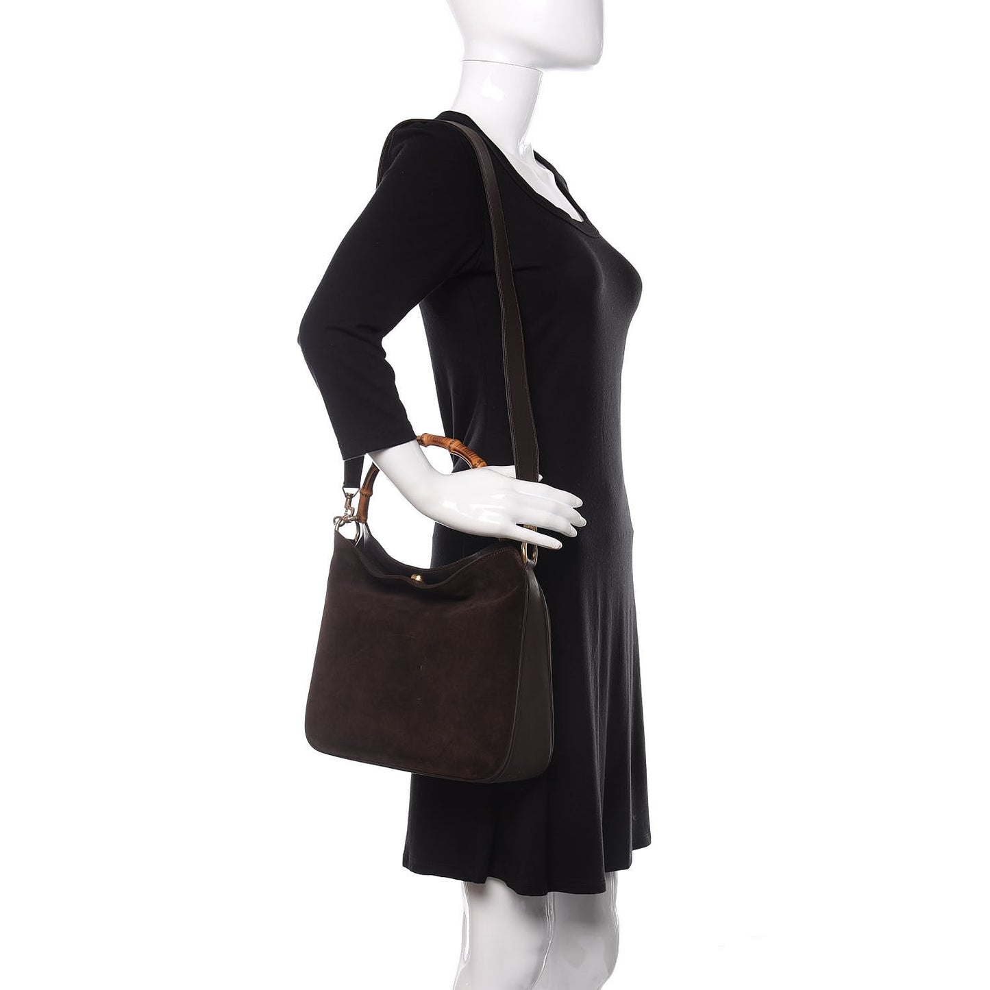 Suede Bamboo Top Handle Tote Dark Brown
