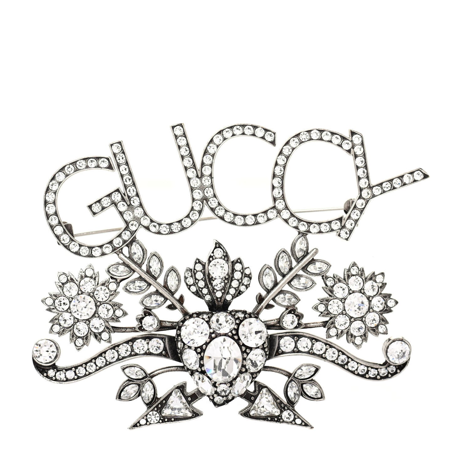Metal Crystal Guccy Brooch Aged Silver