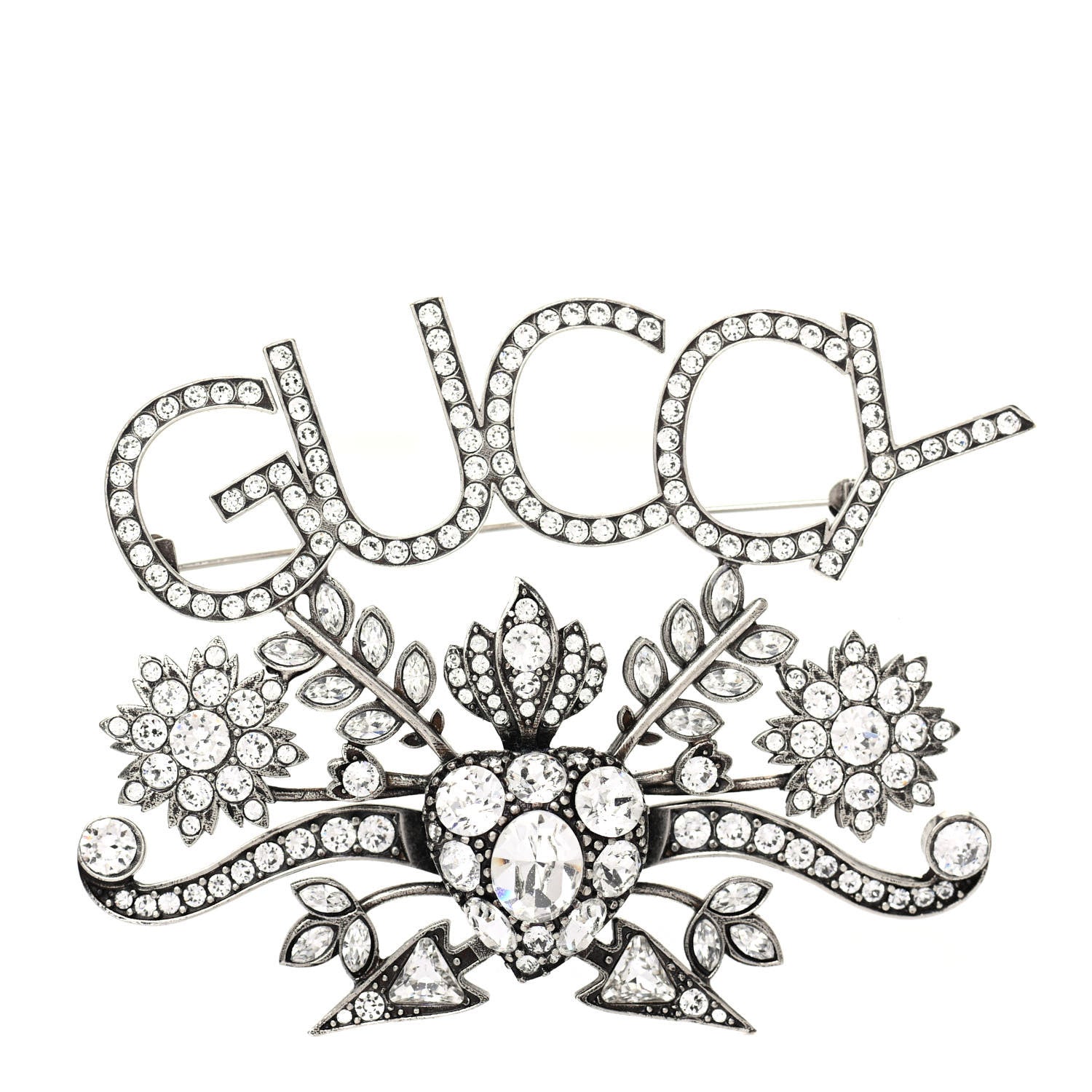 Gucci Metal Crystal Guccy Brooch Aged Silver 1 of 4