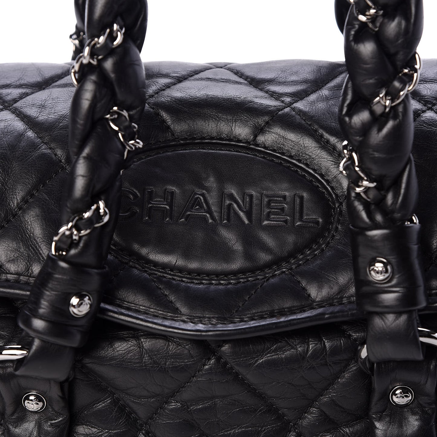 Distressed Lambskin Lady Braid Flap Tote Black