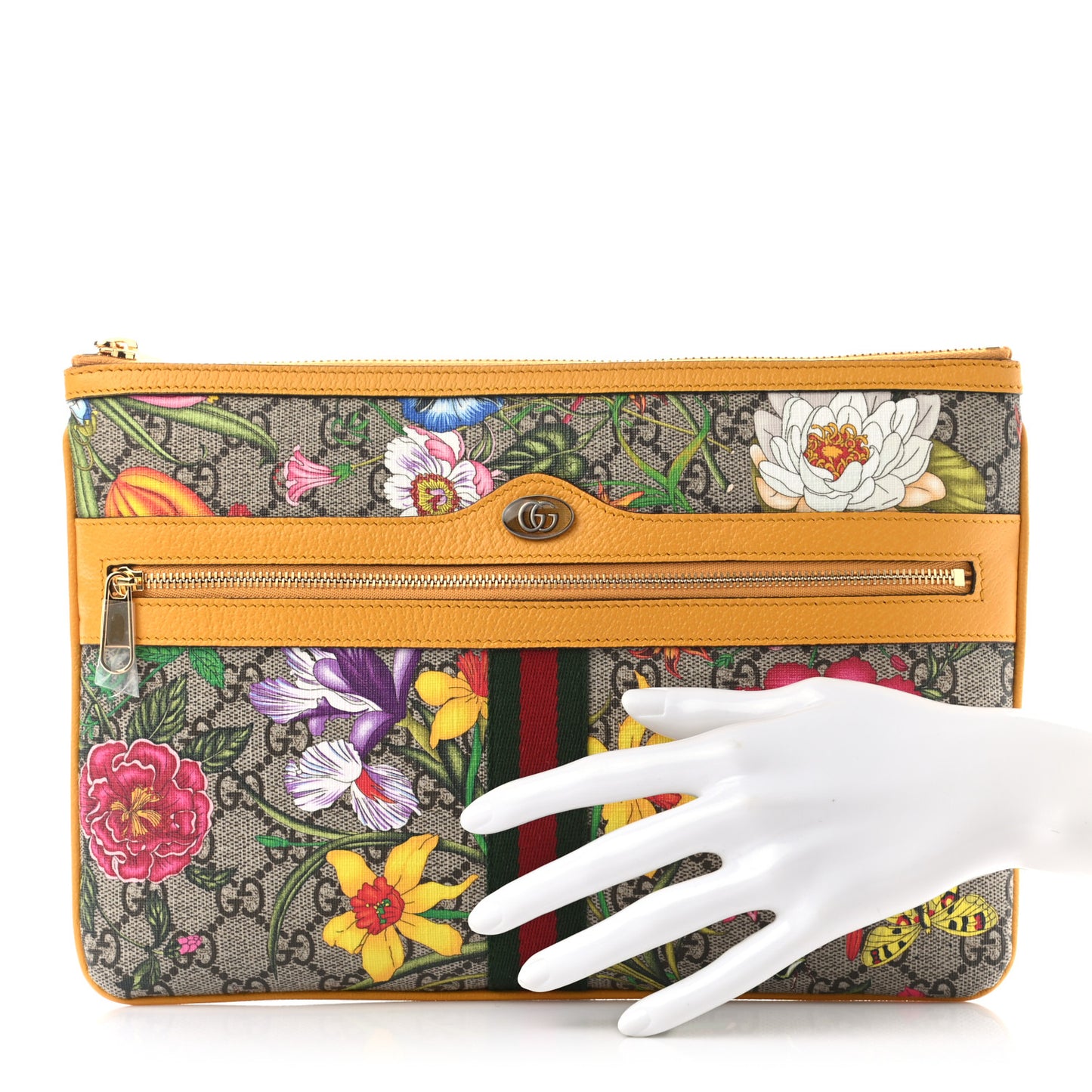 GG Supreme Monogram Flora Large Ophidia Pouch Clutch Beige Multicolor Crop