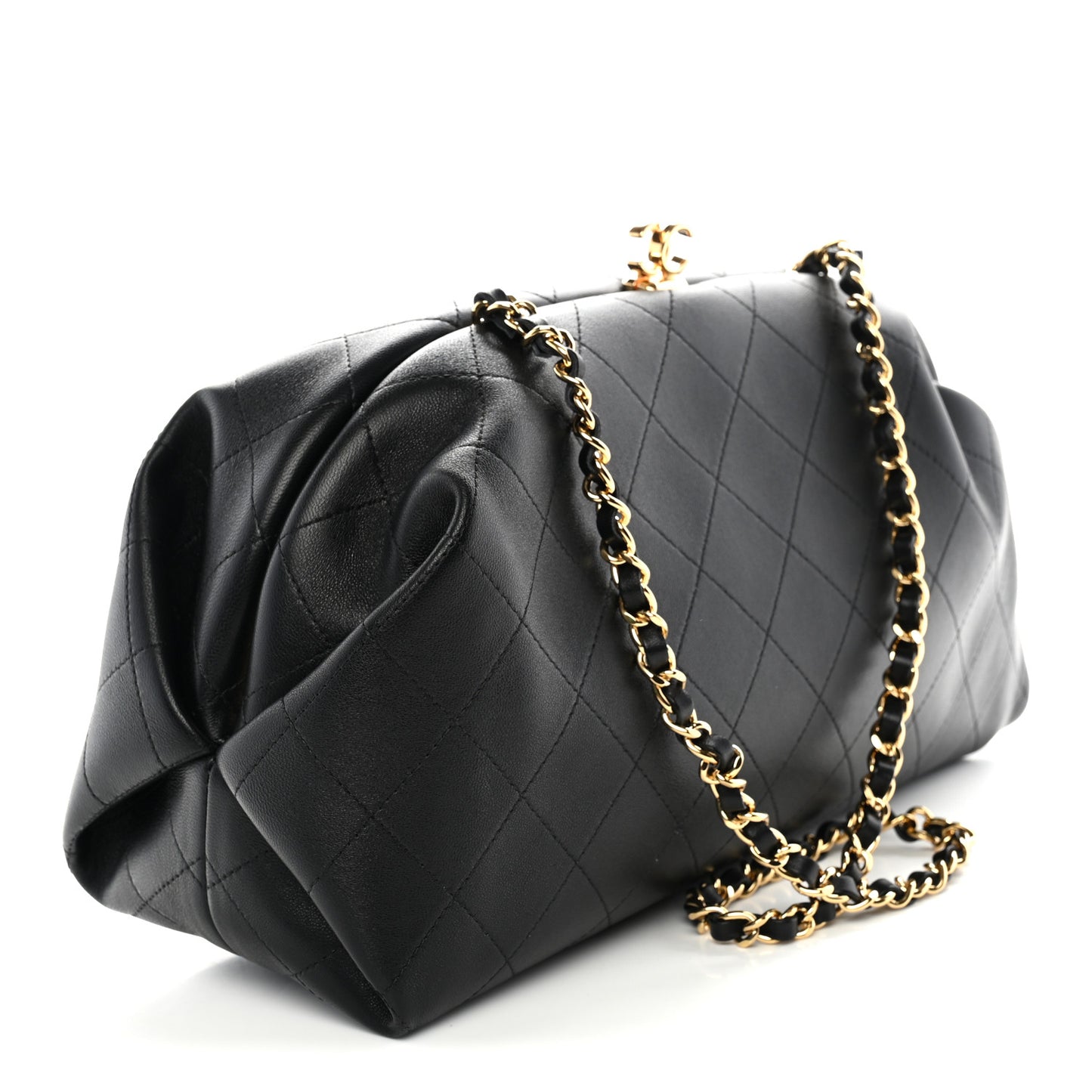 Lambskin Stitched Clutch With Chain Black