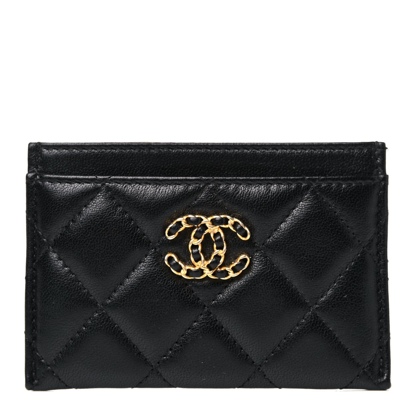 Shiny Goatskin Quilted Chanel 19 Card Holder Black
