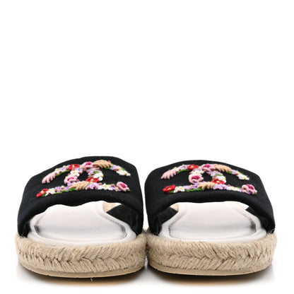 Chanel Canvas Embroidered CC Floral Espadrille Slip On Sandals 39 Black Multicolor 3 of 11