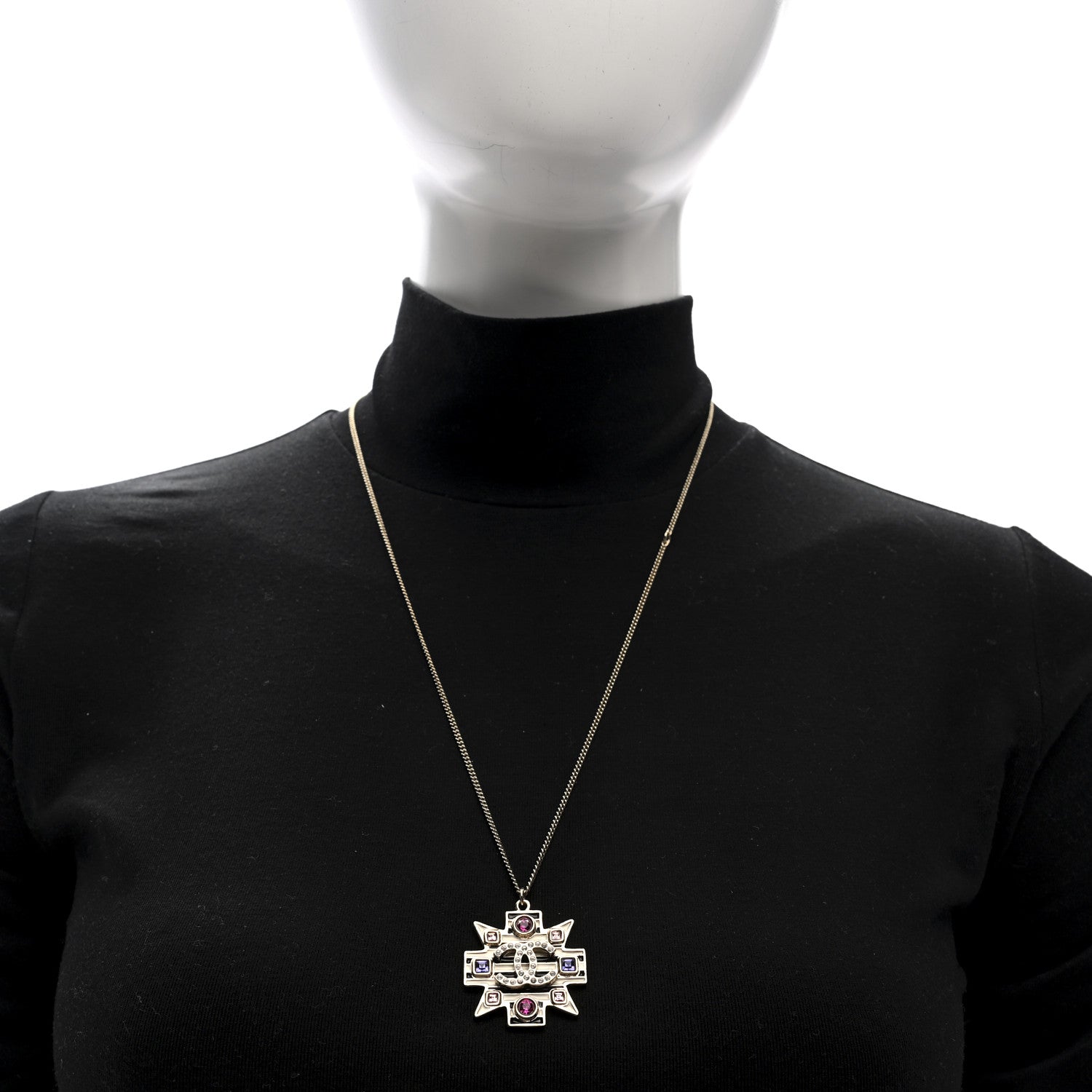 Chanel Crystal Enamel Stripe CC Pendant Necklace Gold Multicolor 2 of 4