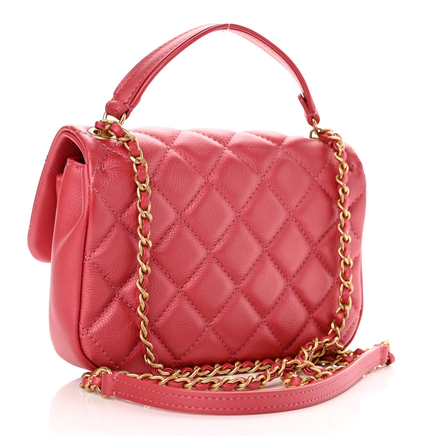 Metallic Calfskin Quilted Top Handle Flap Dark Pink