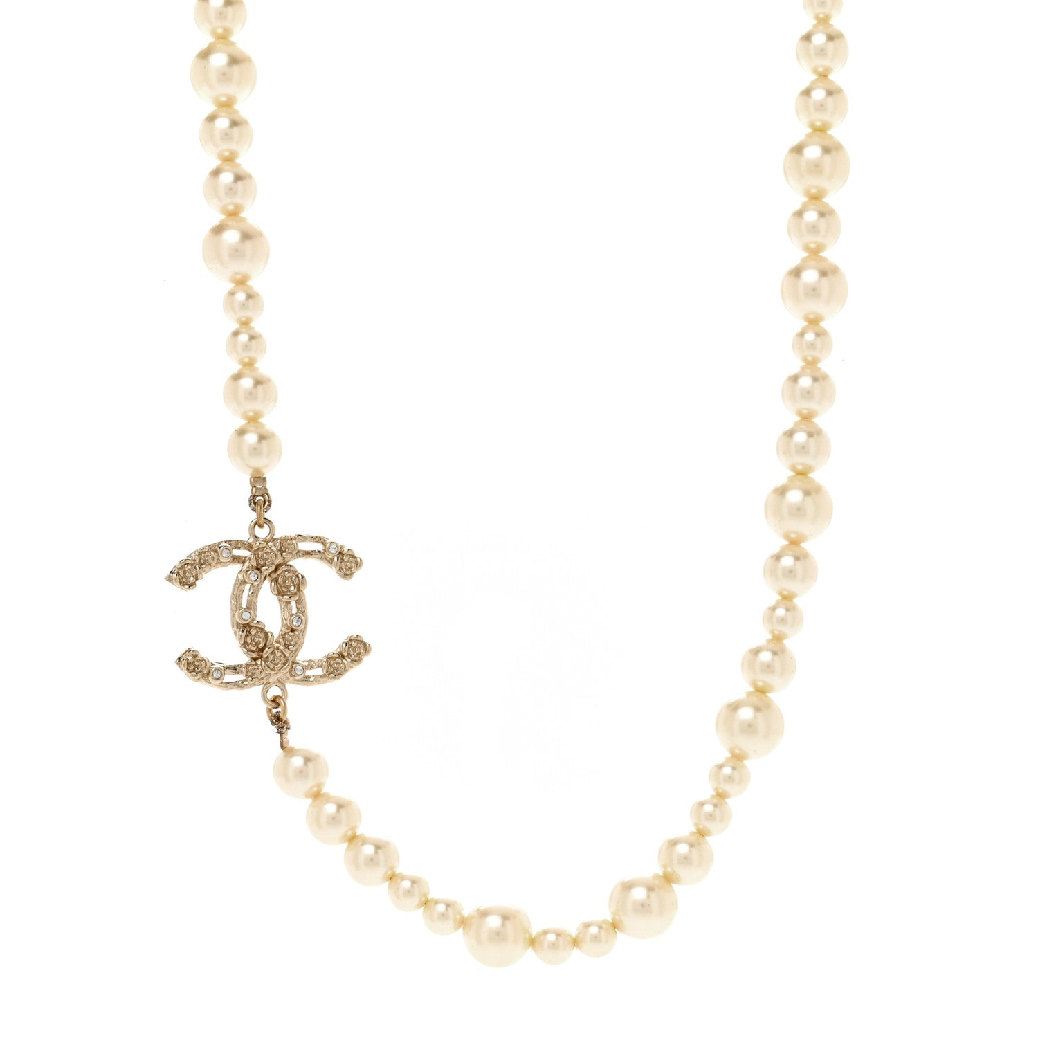 Chanel Pearl Crystal CC Camellia Short Necklace Gold 1 of 4