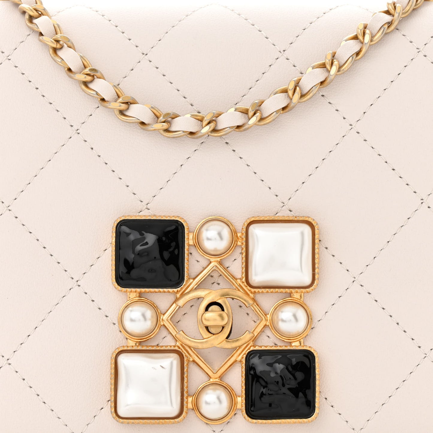 Calfskin Quilted Crystal Pearl Small Flap Bag White