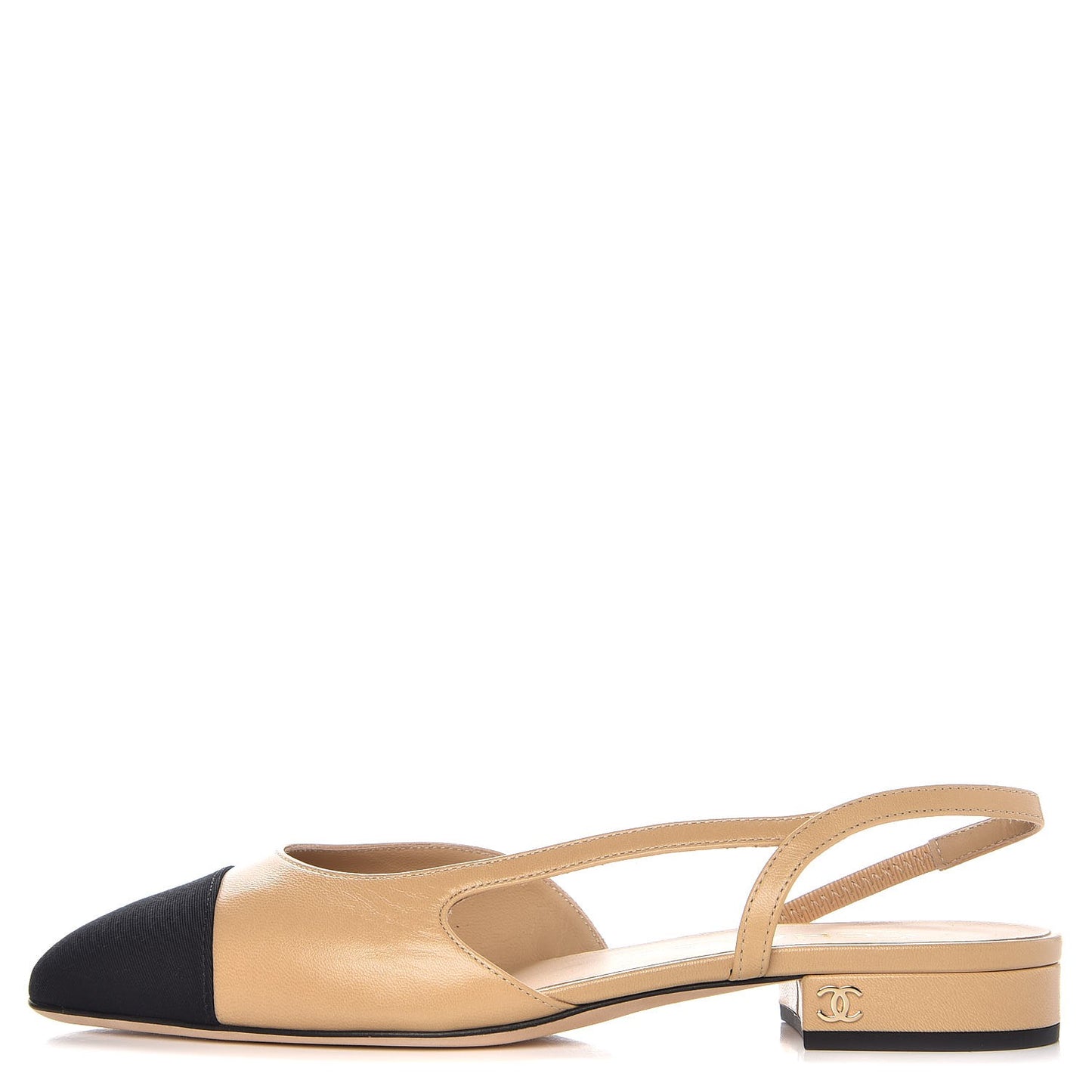 Lambskin Grosgrain Cap Toe CC Slingback Sandals 36 Beige Black
