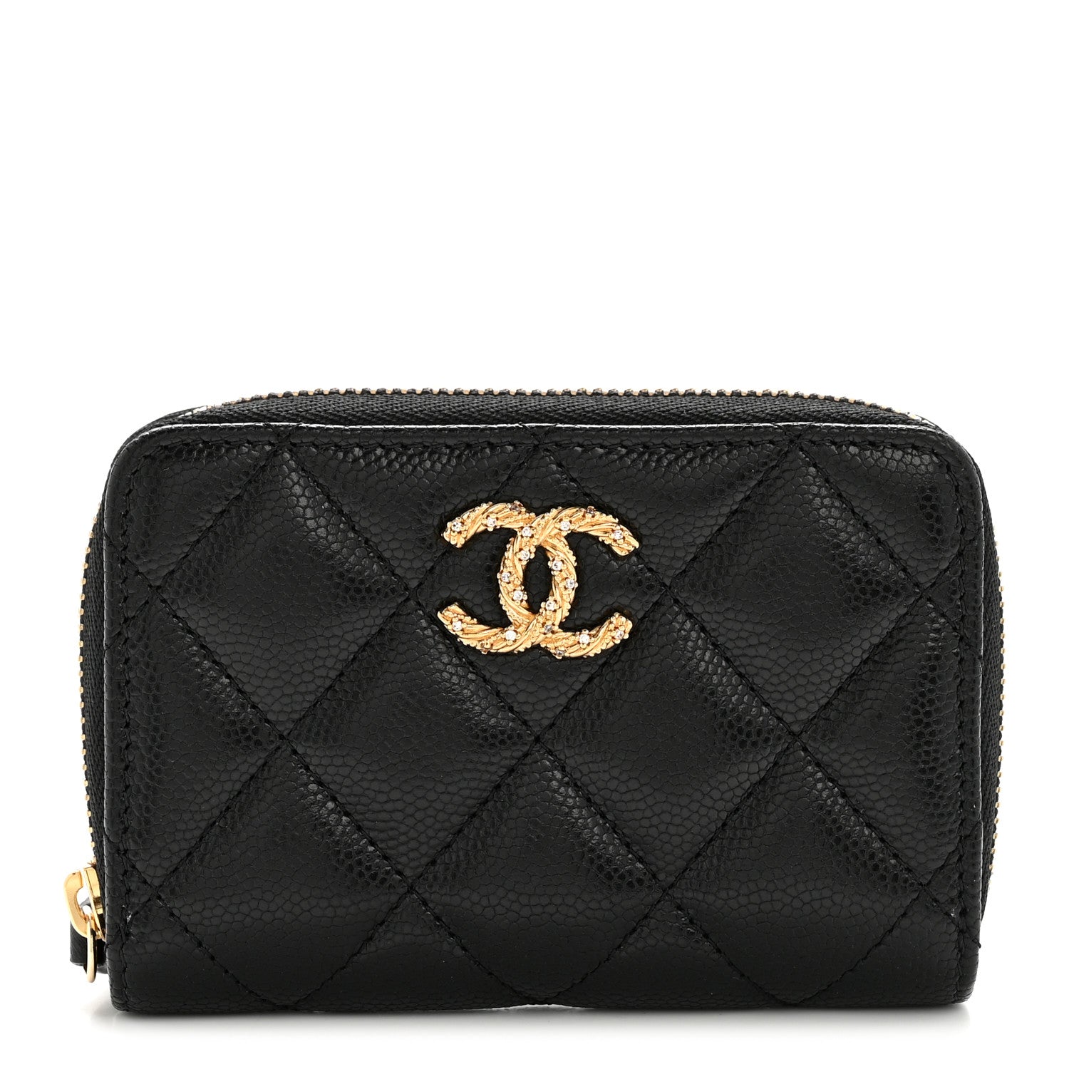 Chanel Caviar Quilted Crystal Zip Around Coin Purse Wallet Black 1 of 8