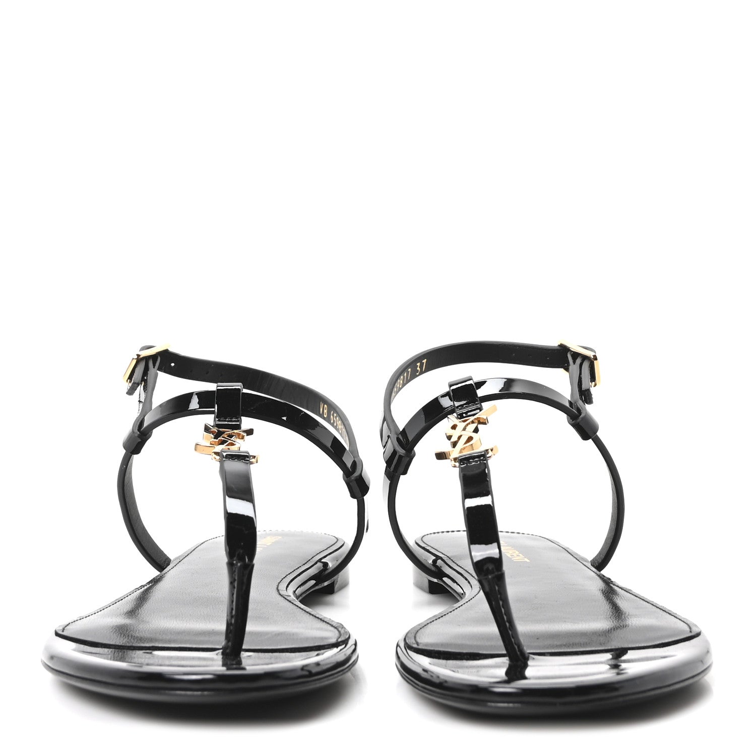 Saint Laurent Vitello Vernice Soft Cassandra 05 Monogram Flat Sandals 37 Oro Antico Black 3 of 10