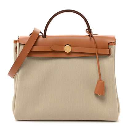 Hermes Military Toile Vache Hunter Herbag Zip Retourne 31 PM Beton Naturel 1 of 11