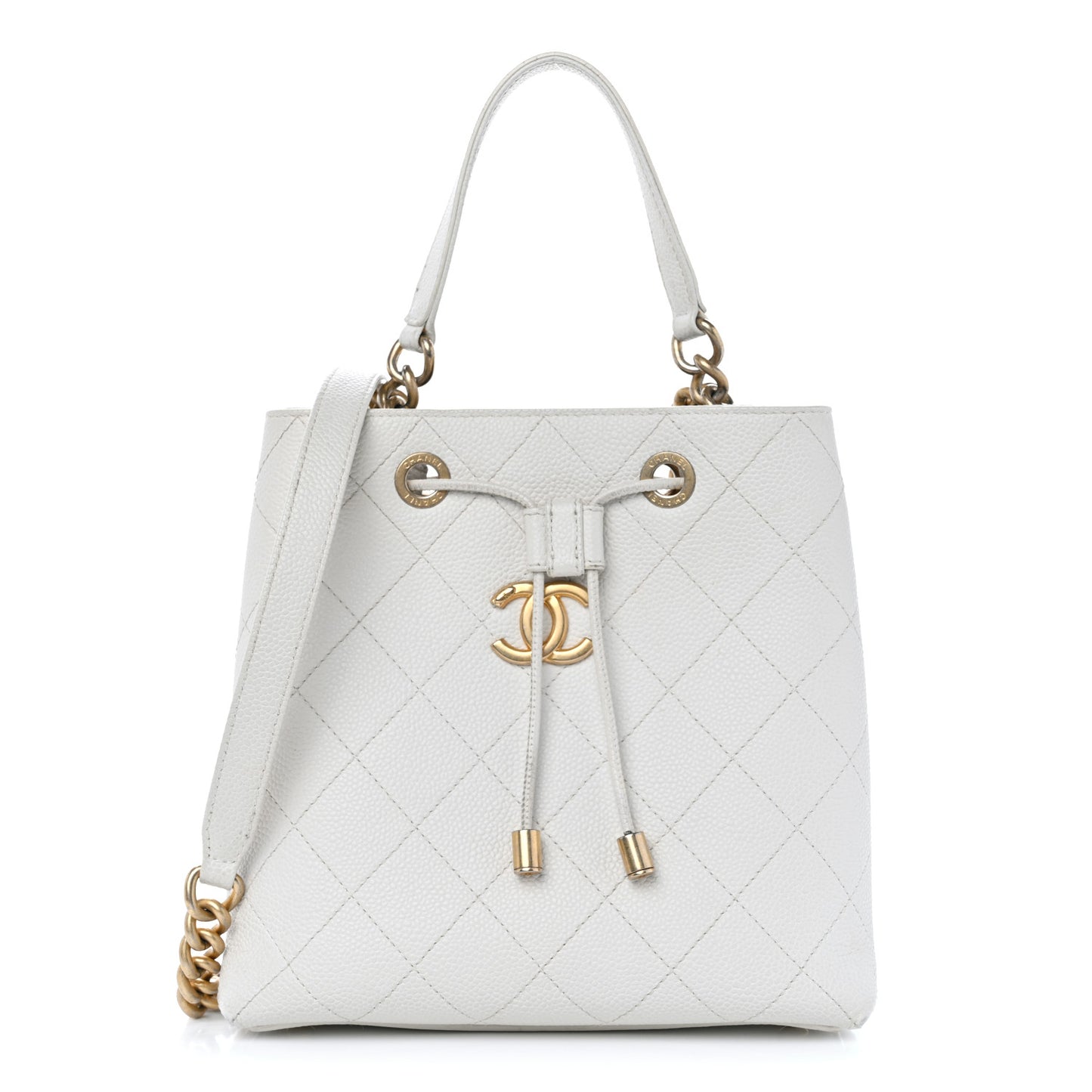 Grained Calfskin Stitched Small Drawstring Bag White