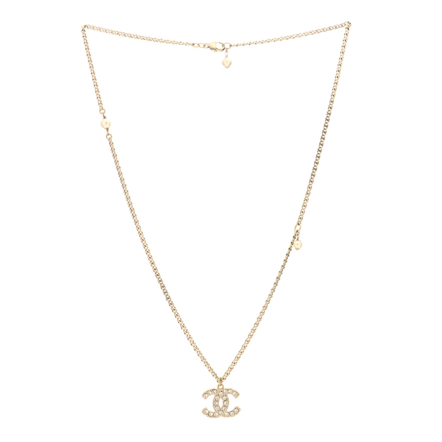 Chanel Metal Pearl Crystal CC Textured Pendant Necklace Gold 2 of 3
