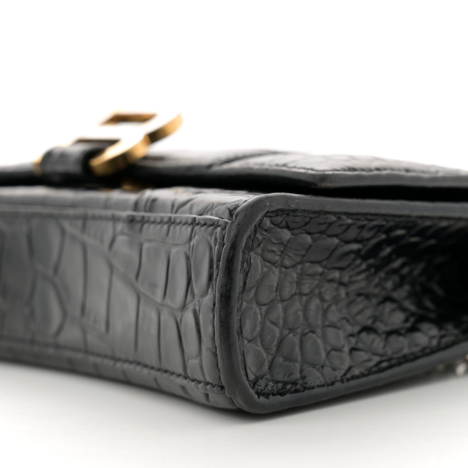 Balenciaga Shiny Calfskin Crocodile Embossed Hourglass Chain Bag Black 10 of 12