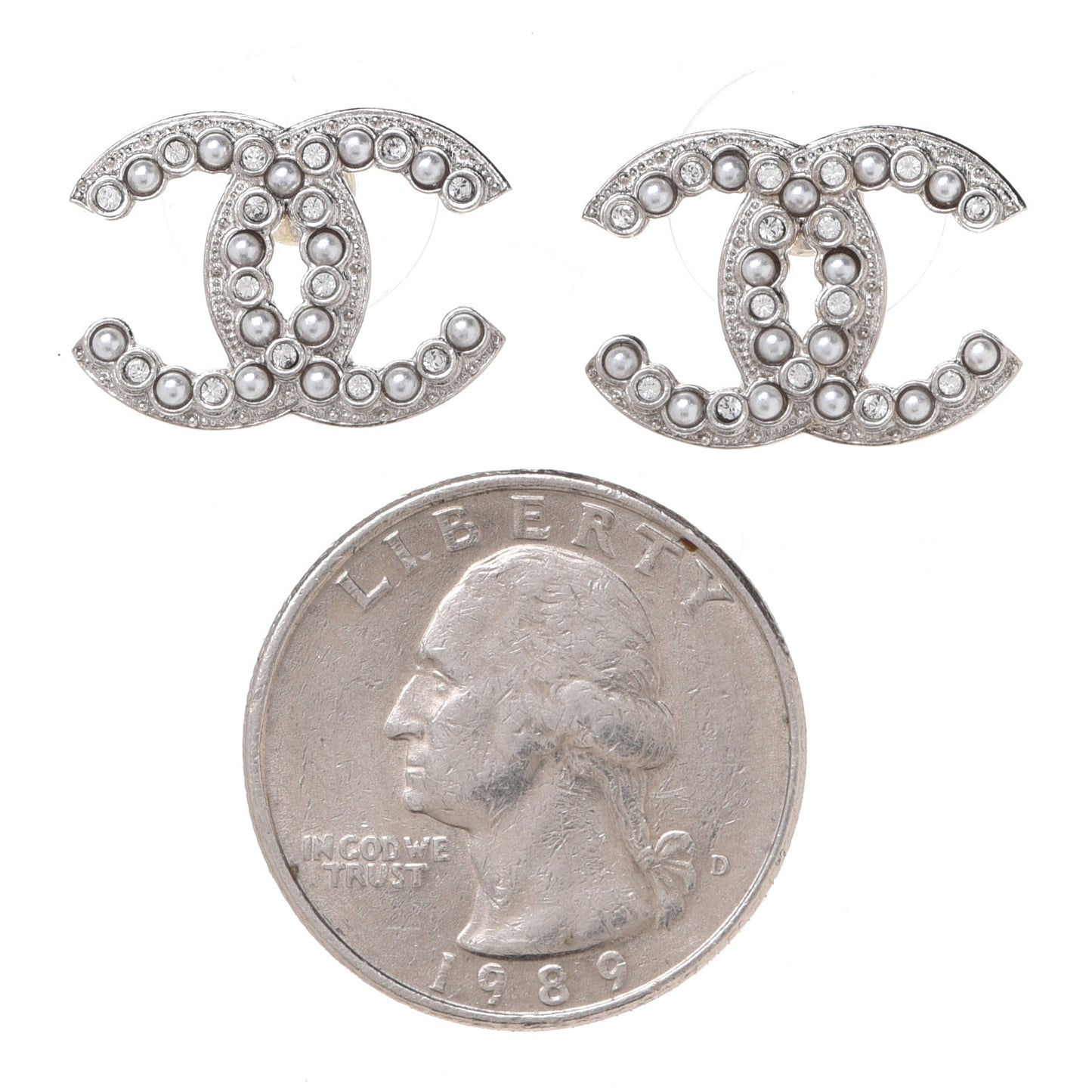Crystal Pearl CC Earrings Silver