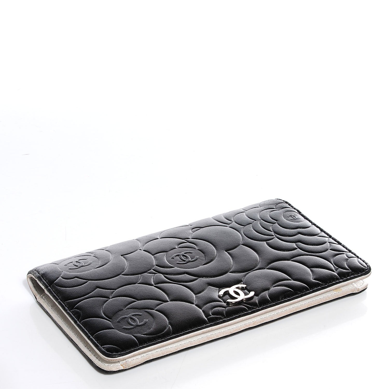Chanel Lambskin Camellia Embossed Yen Wallet Black 4 of 8