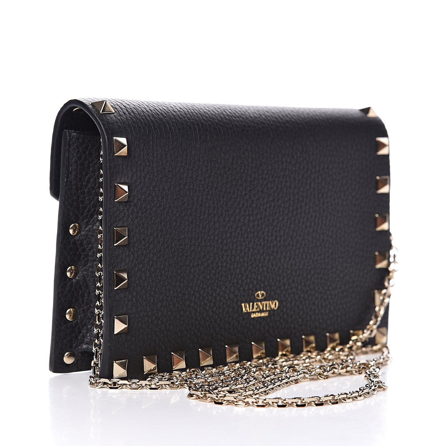 Pebbled Calfskin Rockstud Envelope Wallet on Chain Black