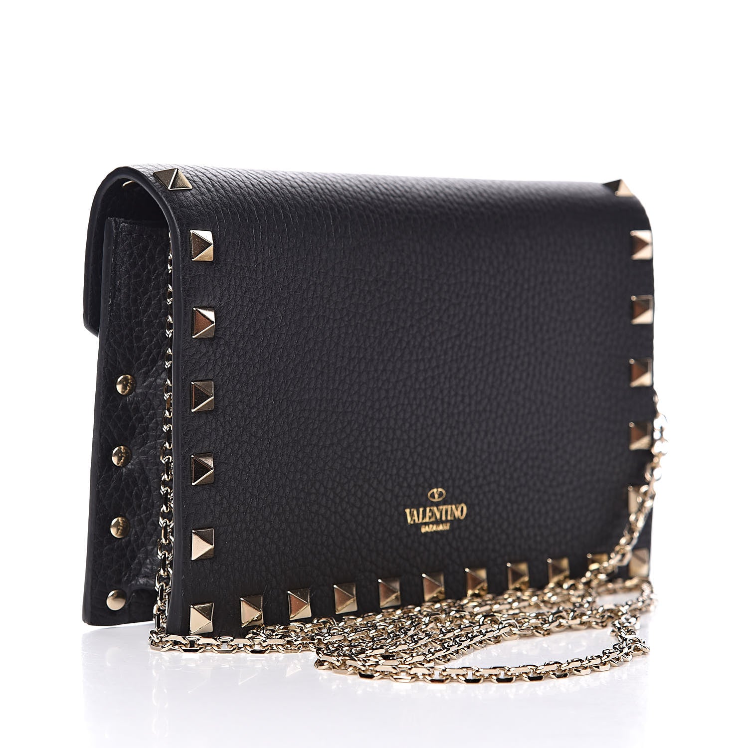 Valentino Garavani Pebbled Calfskin Rockstud Envelope Wallet on Chain Black 3 of 10