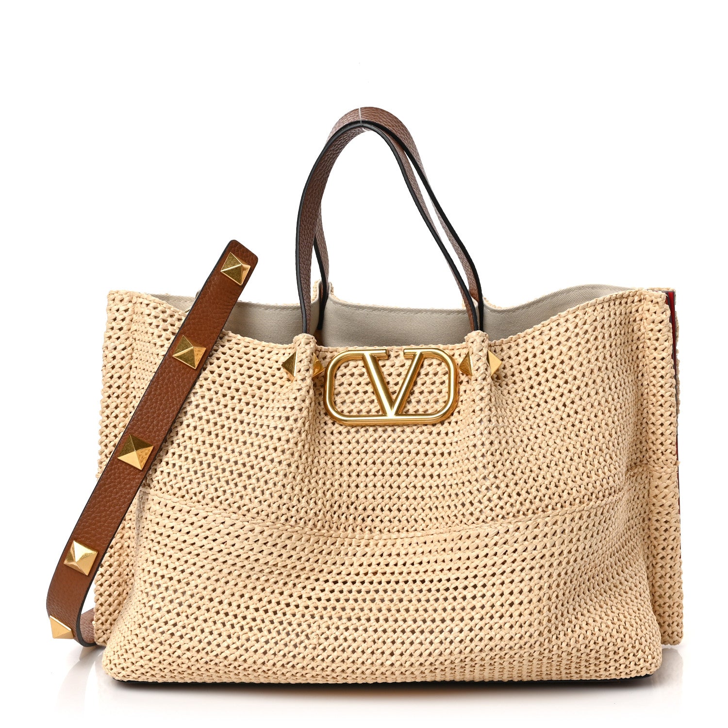 Valentino Garavani Raffia Grained Calfskin Medium Rockstud Vlogo Tote Naturale 3 of 8