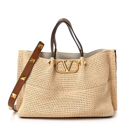 Valentino Garavani Raffia Grained Calfskin Medium Rockstud Vlogo Tote Naturale 3 of 8