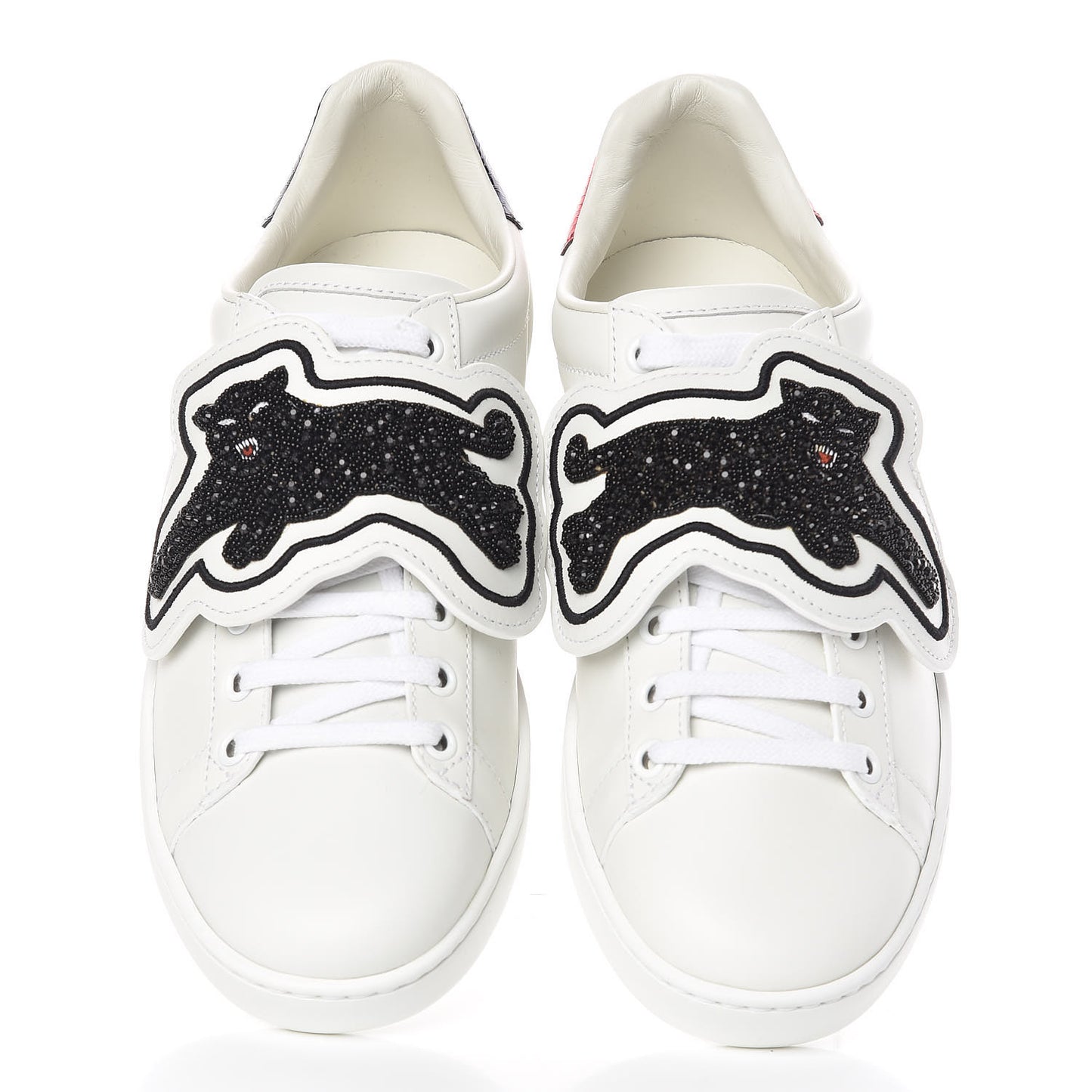 Calfskin Ayers Crystal Panther Embroidered Womens Ace Sneakers 37 White