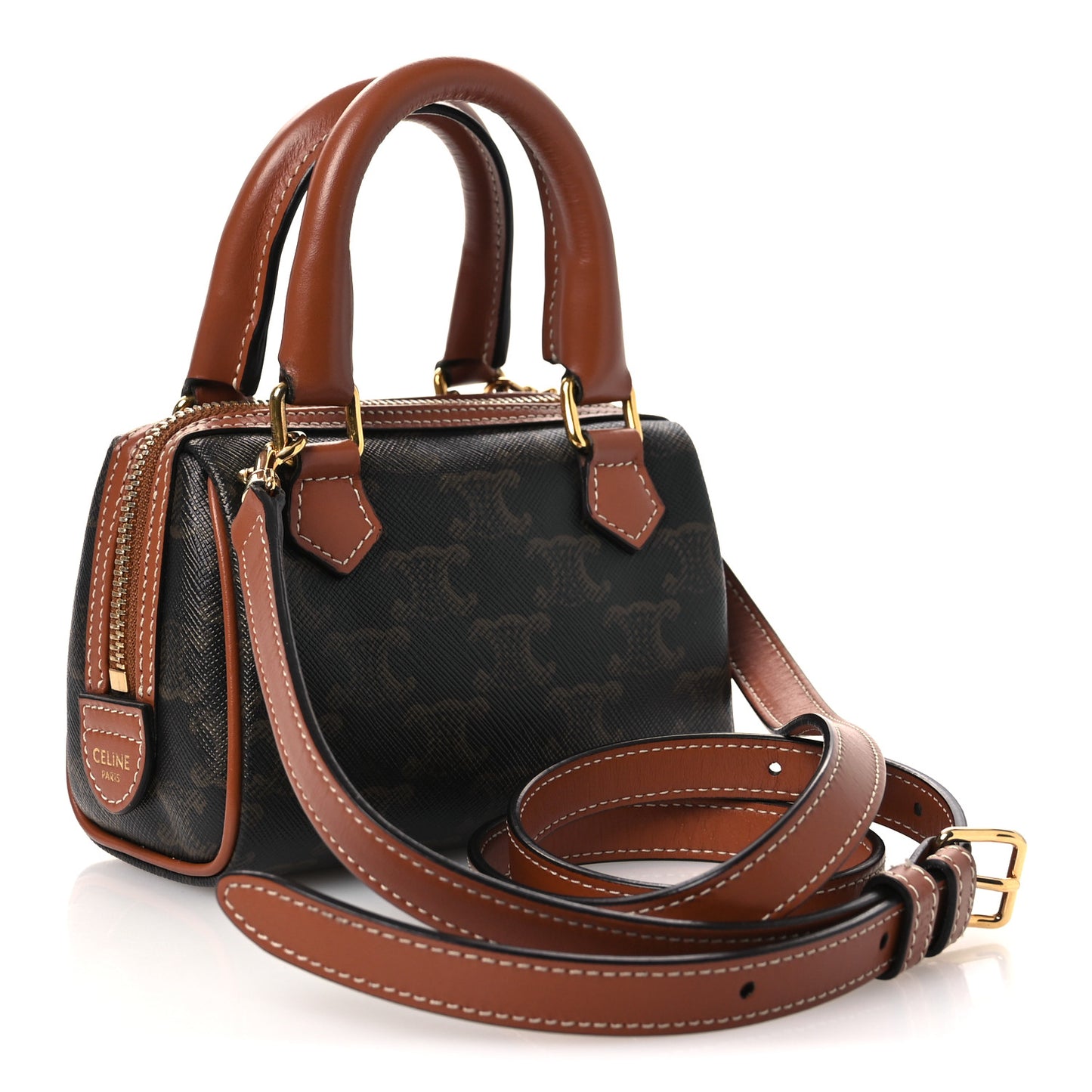 Triomphe Canvas Calfskin Mini Boston Bag Tan