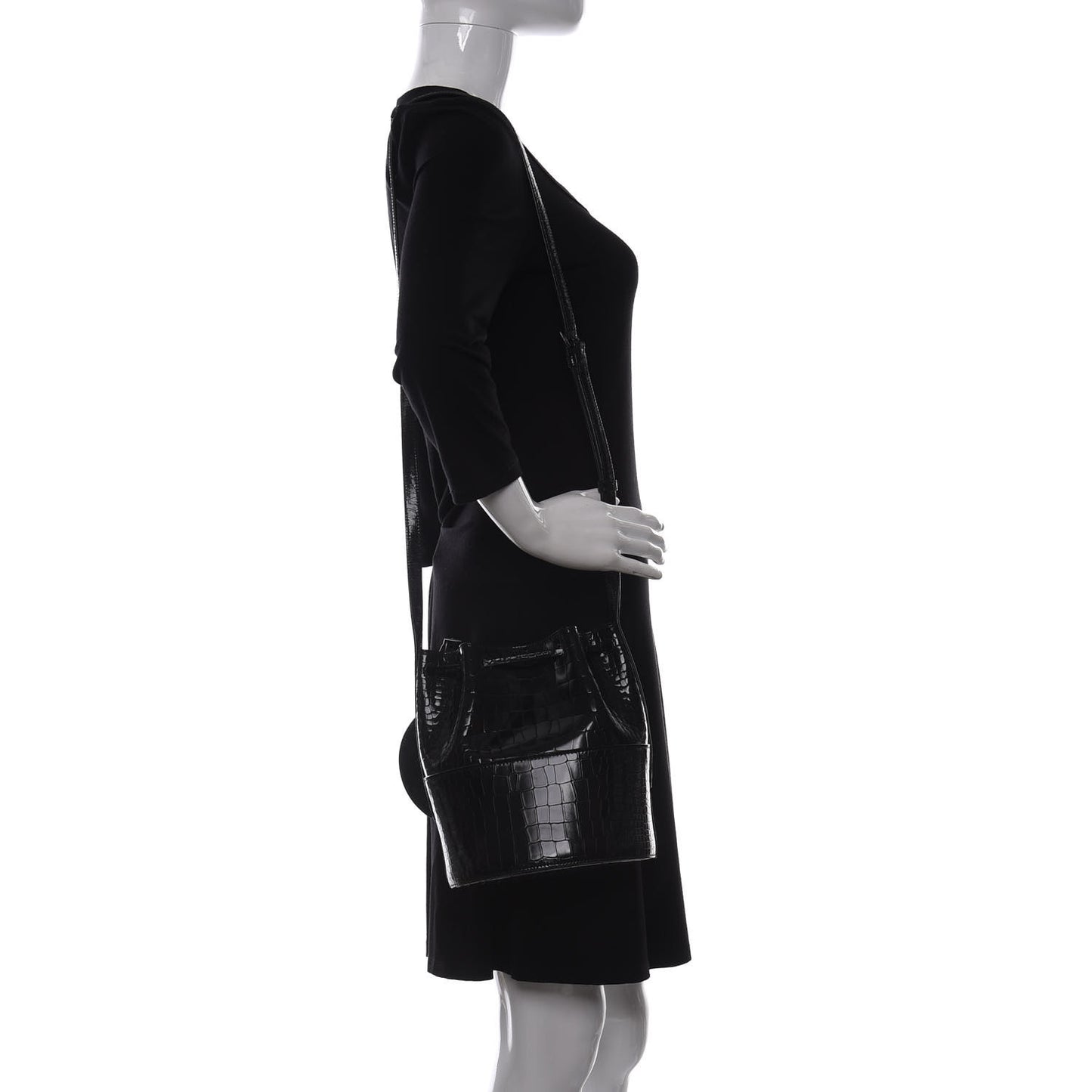 Calfskin Crocodile Embossed Drawstring Bucket Bag Black
