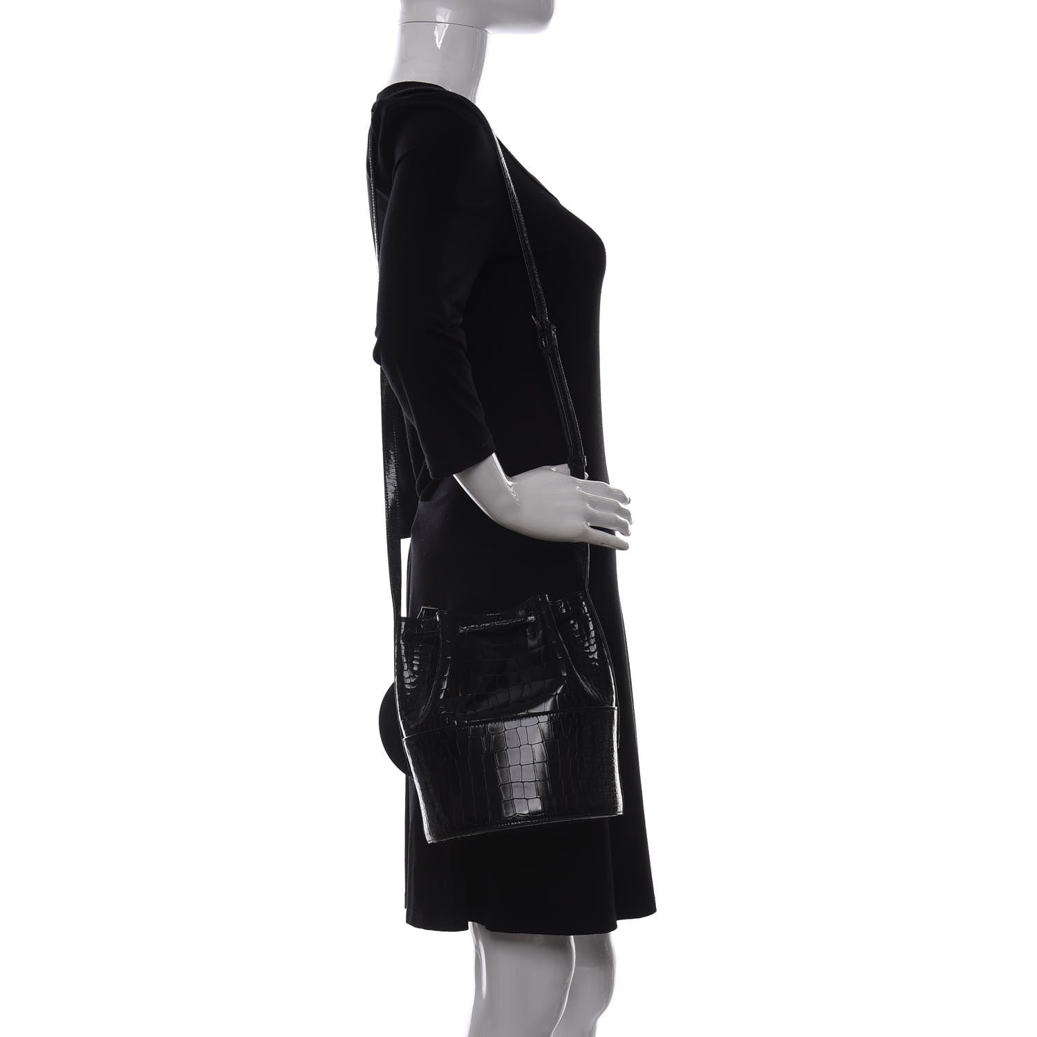 Alaia Calfskin Crocodile Embossed Drawstring Bucket Bag Black 2 of 8